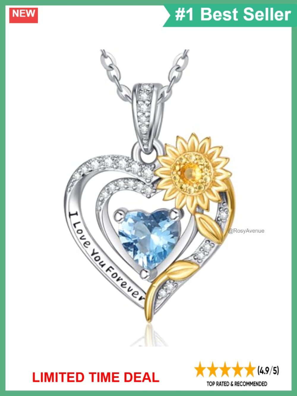 Sunflower Heart Pendant Necklace White Gold Plated Garnet Birthstone
